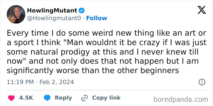 Screenshot of a random meme tweet about struggling as a beginner in new skills shared for laughs.