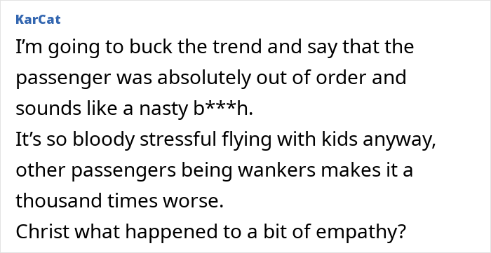 Comment expressing frustration about an angry passenger melting down over toddler fidgeting mid-flight on a plane. Comment expressing frustration about an angry passenger melting down over toddler fidgeting mid-flight on a plane.