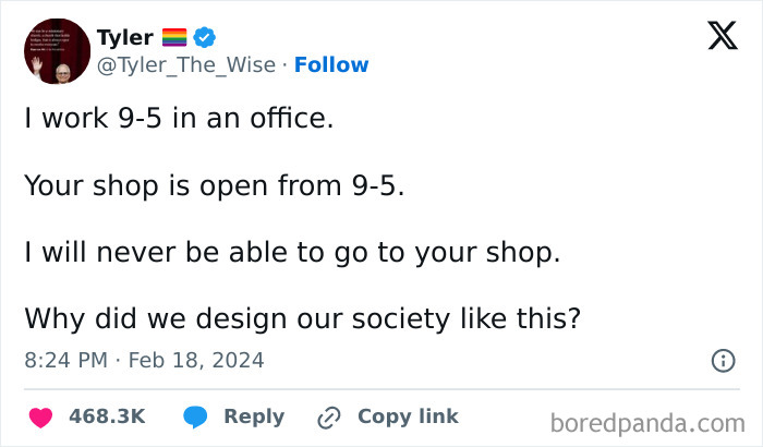 Tweet showing a funny British meme about 9-5 work hours and shop opening times in Great British memes.