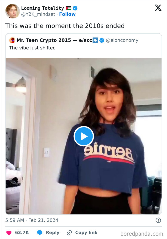 Young woman in a casual room, wearing a cropped Bernie t-shirt, illustrating changes through the years online.