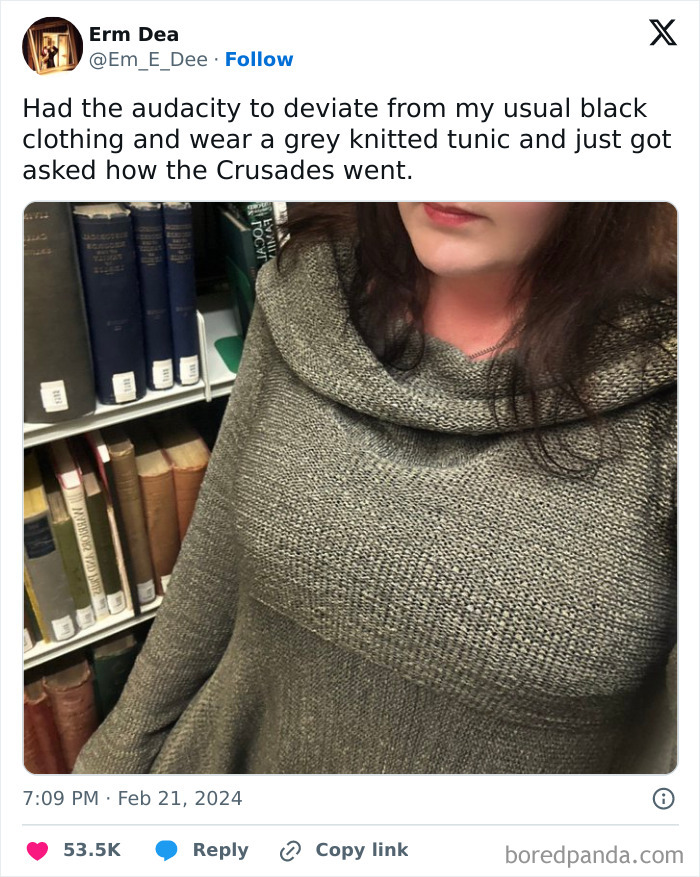 Person wearing a grey knitted tunic in a library, part of 86 totally random memes that might make you laugh.