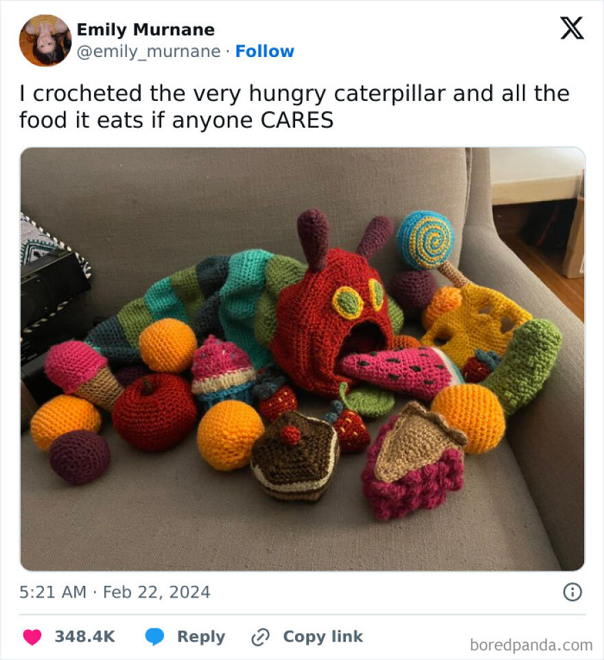 Crocheted colorful caterpillar and assorted crocheted food items displayed on a couch in a funny memes style.