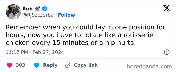 Tweet from Rob about millennials relating to rotating positions like a rotisserie chicken, reflecting millennial mind humor.