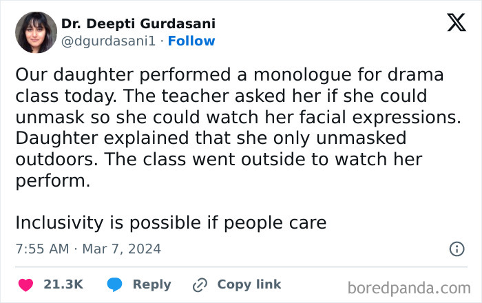 Tweet showing a teacher's inclusive approach, demonstrating love and care for students in their chosen profession.
