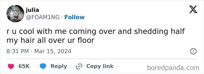 Tweet about shedding hair on the floor, a relatable post to make your day better with humor and honesty.
