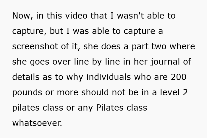 Screenshot of text discussing why individuals 200 lbs and over should not attend Pilates or level 2 Pilates classes.