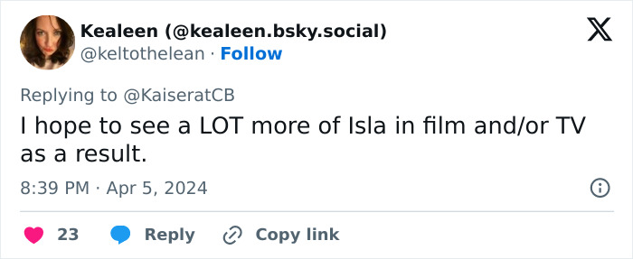 User tweet expressing hope to see more of Isla Fisher in film or TV amid tension with Sacha Baron Cohen divorce. User tweet expressing hope to see more of Isla Fisher in film or TV amid tension with Sacha Baron Cohen divorce.