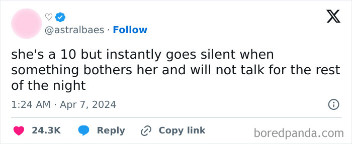 Tweet about a relatable woman struggle, describing how she goes silent when bothered as shown in memes about women struggles.