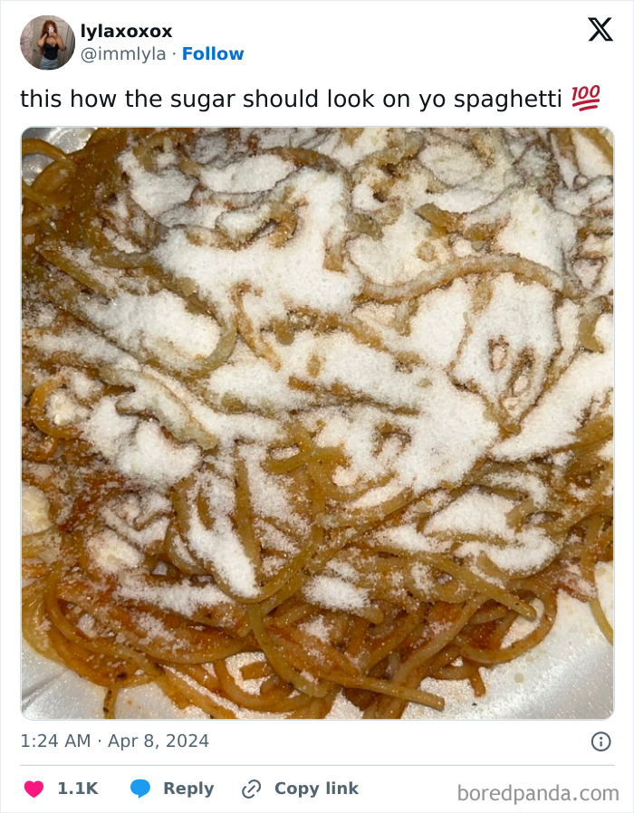 Spaghetti covered in an excessive amount of sugar, showcasing one of the most cursed food pics online.