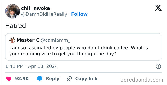 Twitter post showing a humorous meme about coffee habits, part of funny random memes to make you giggle.