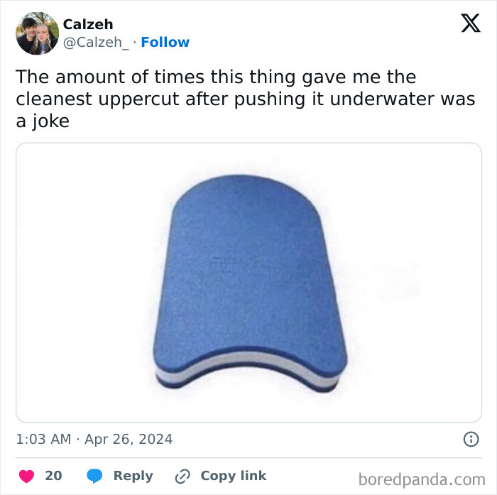British comedy tweet showing a blue swimming kickboard with a humorous caption about an uppercut underwater.