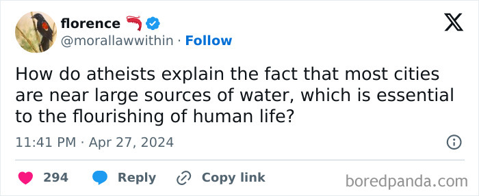 Twitter post questioning atheists about cities near water sources, highlighting a misconception related to bacteria and human life.
