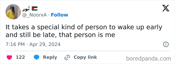 Tweet about waking up early but still being late, featured in relatable memes that you might want to spam friends with.