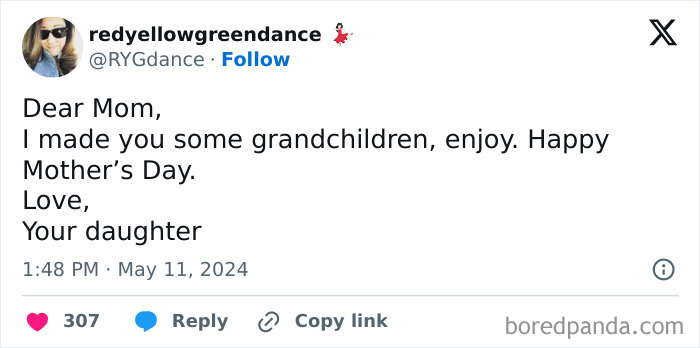 Tweet about Mother's Day and grandchildren, reflecting the realities of parenting shared in May edition tweets.