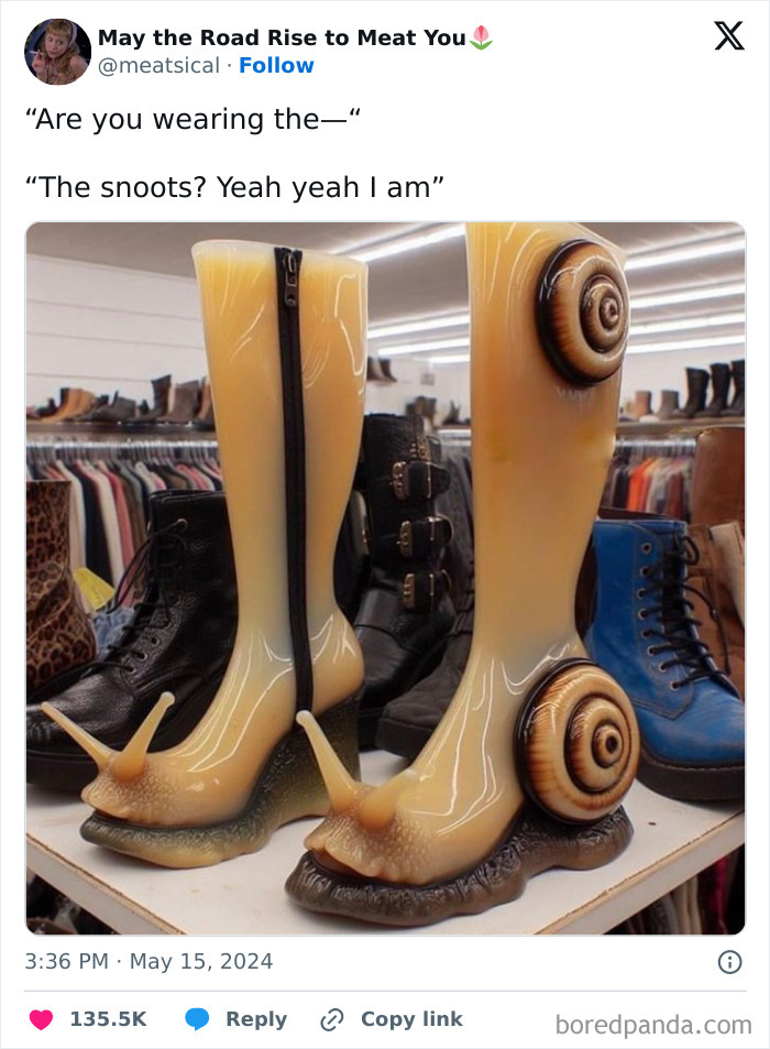 Stylish snail-shaped boots displayed on a store shelf as part of mocking posts jokes memes about unusual footwear.