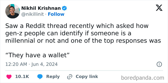 Tweet by Nikhil Krishnan sharing a funny Reddit thread about how Gen-Z memes describe identifying millennials by having a wallet.