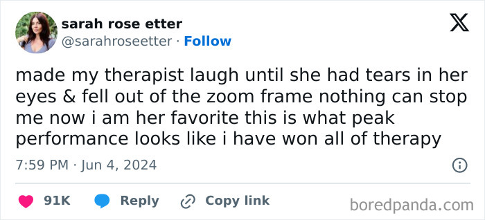 Tweet by sarah rose etter humorously claiming peak performance in therapy, illustrating hilariously obvious lies people tried to pass off as true.