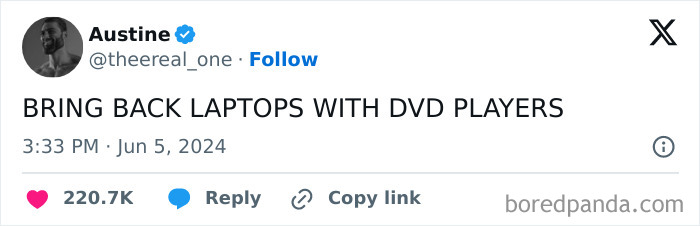 Tweet by Austine expressing a boomer complaint about missing physical keys for cars and older technology preferences.