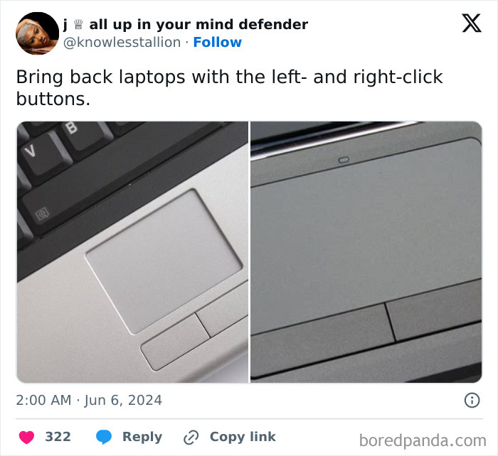 Close-up images of laptop touchpads with separate left and right physical buttons highlighting boomer complaints.
