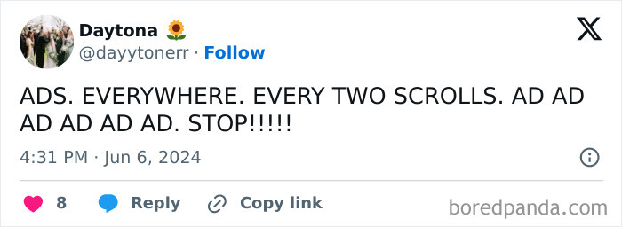 Social media post expressing frustration about constant ads while scrolling on a mobile device.
