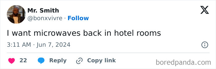 Tweet from Mr. Smith expressing a boomer complaint about wanting microwaves back in hotel rooms.