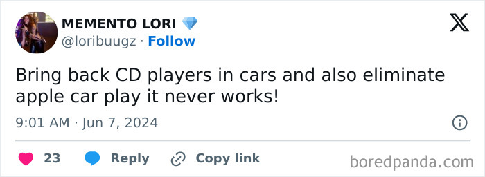 Tweet showing a young person expressing a boomer complaint about wanting CD players and physical keys in cars.