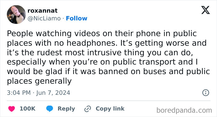 Tweet about people watching videos on phones in public, reflecting common boomer complaints about modern behavior.