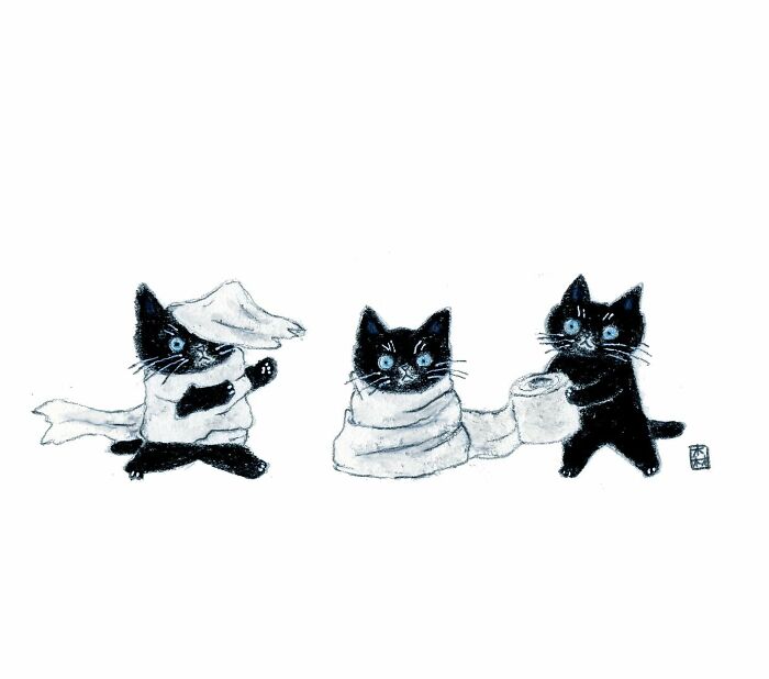 Three adorable black cats with blue eyes playing with toilet paper in cute artwork for cat lovers.
