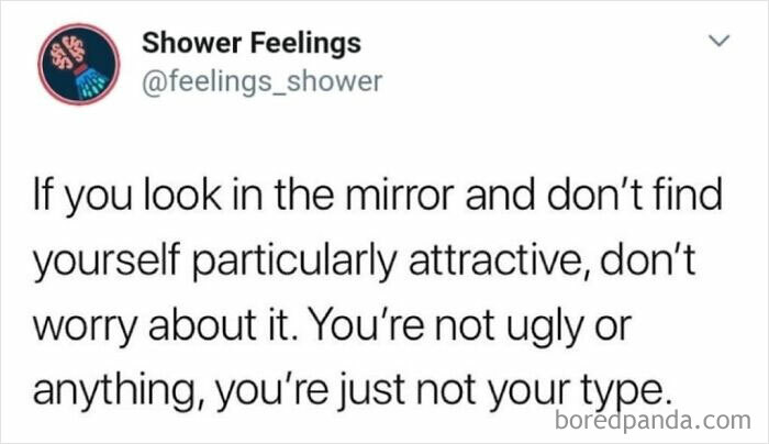 Screenshot of a social media post from Shower Feelings sharing a humorous thought to occupy your brain while showering.