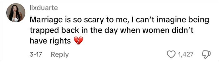 Social media comment expressing fear of marriage and referencing women&rsquo;s rights with a broken heart emoji.