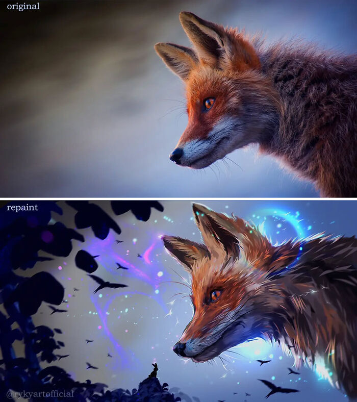 Fox portrait transformed by artist into a fantastical world with glowing effects, showcasing repainting photos creativity.