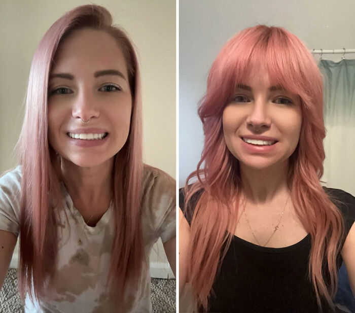 Woman showcasing gorgeous hair transformations with different pink hairstyles and cuts in before and after photos.