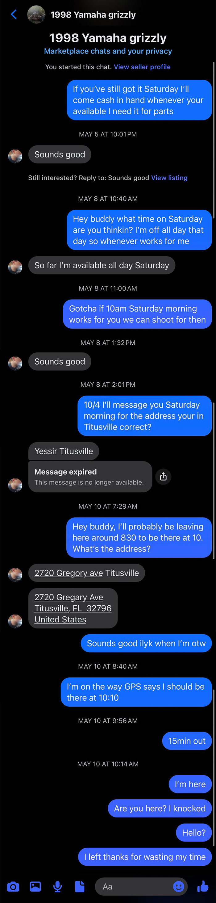 Chat conversation arranging purchase of a 1998 Yamaha Grizzly on Facebook Marketplace showing buyer frustration.