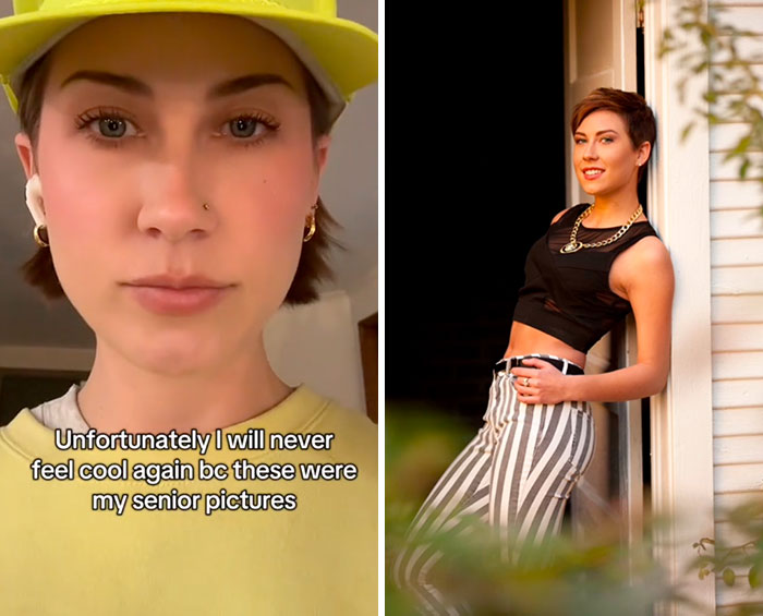 Two young women sharing their glow downs, one in a casual yellow outfit and the other posing confidently in striped pants.