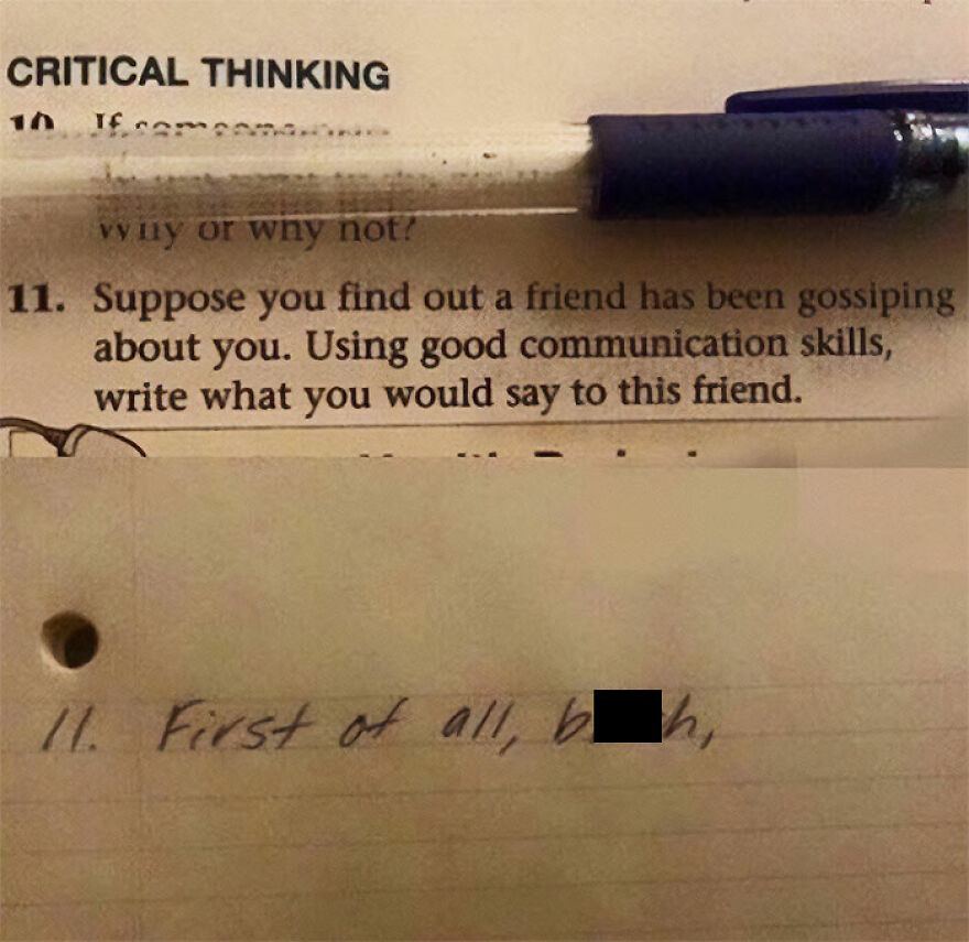 Homework question on communication skills with a humorous handwritten response, highlighting memes about being one inconvenience from meltdown.