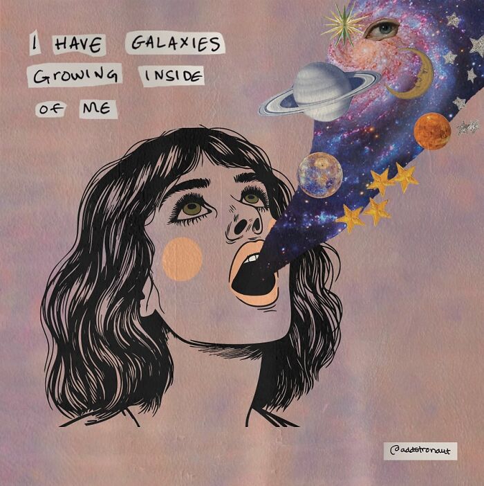 Woman with galaxies, planets, and stars flowing from her mouth, expressing vulnerable thoughts through art therapy.