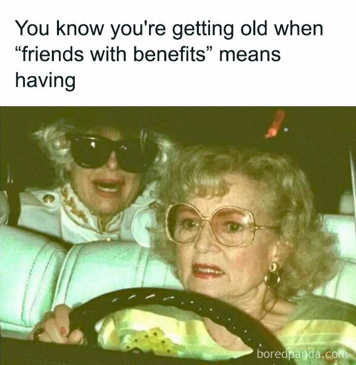 Two elderly women in a car wearing large glasses, reflecting on aging with humor, 80s nostalgia from an IG account post.