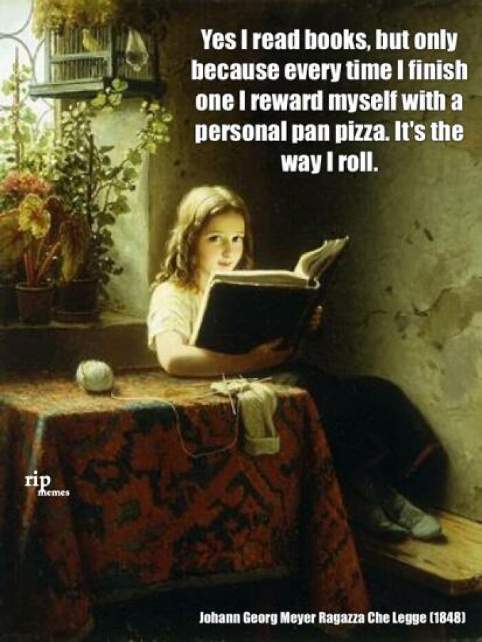 Classical art meme featuring a girl reading a book with a humorous caption about rewarding with pizza.