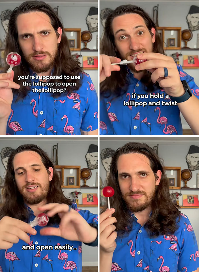 Man in a blue flamingo shirt demonstrating how to easily open a lollipop, sharing tips and fun facts you may want to know.