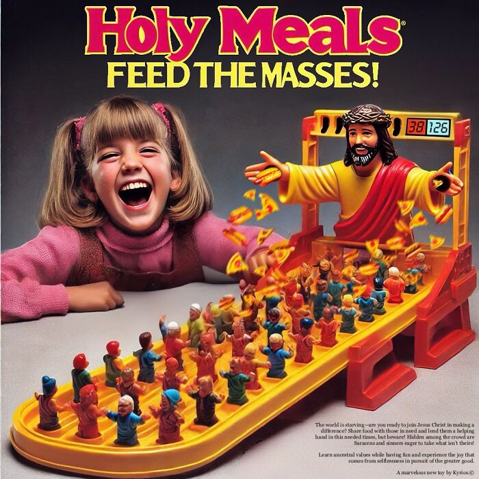 Child laughing at a dark toy featuring a Jesus figure feeding a crowd, illustrating dark toys never meant for kids.