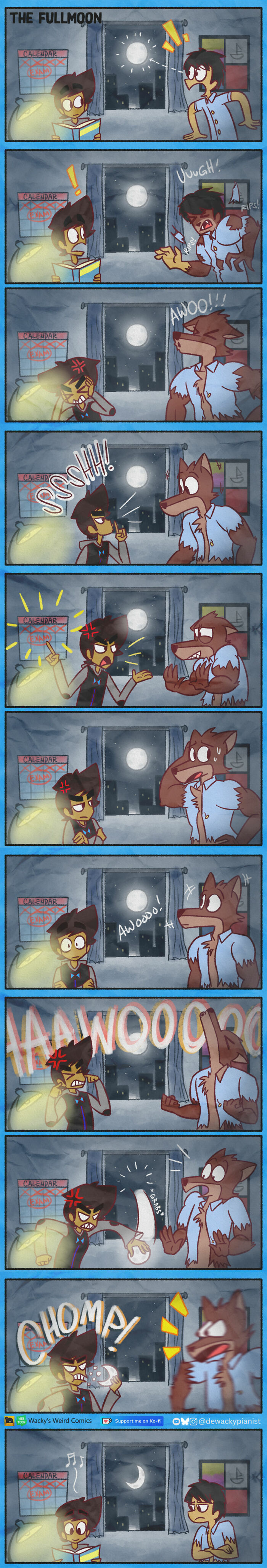 Comic panels showing chaotic and hilarious werewolf transformation with frustrated character and full moon in bedroom scene.