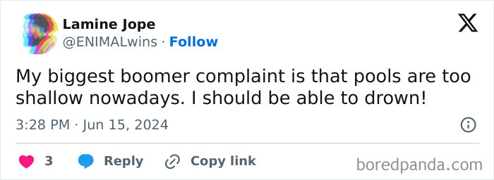 Tweet by Lamine Jope sharing a boomer complaint about pools being too shallow, reflecting young people's boomer complaints.