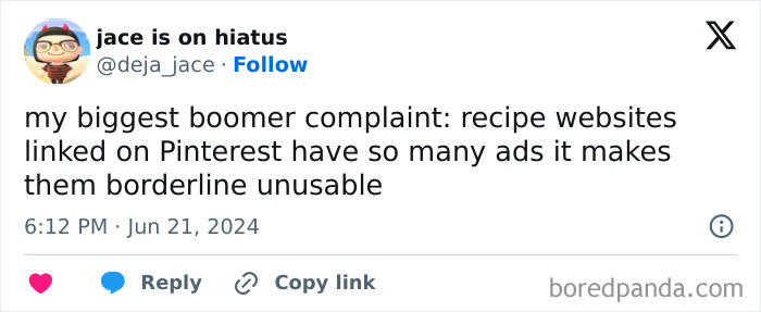 Tweet from a young person sharing a boomer complaint about recipe websites on Pinterest having excessive ads.