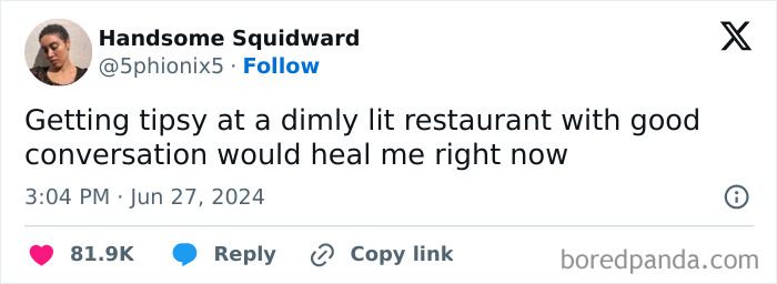 Social media post humor about getting tipsy at a dimly lit restaurant, relatable posts to make your day better.