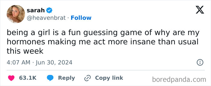 Tweet by a woman humorously describing struggles with hormones, illustrating relatable women struggles in a lighthearted way.