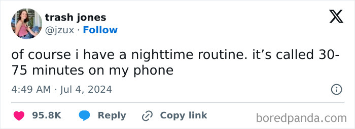 Tweet showing a humorous relatable meme about women struggles with nighttime routine spending 30-75 minutes on phone.
