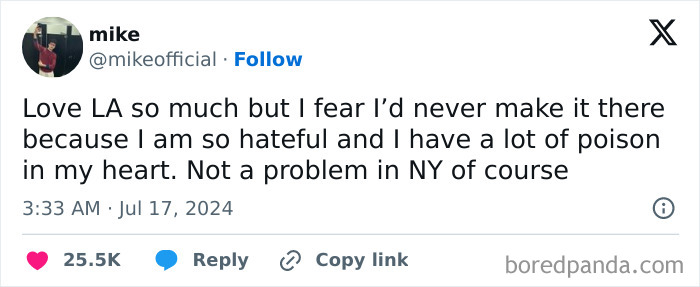 Tweet about contrasting feelings toward LA and New York, highlighting overheard New Yorkers and their surprising statements.