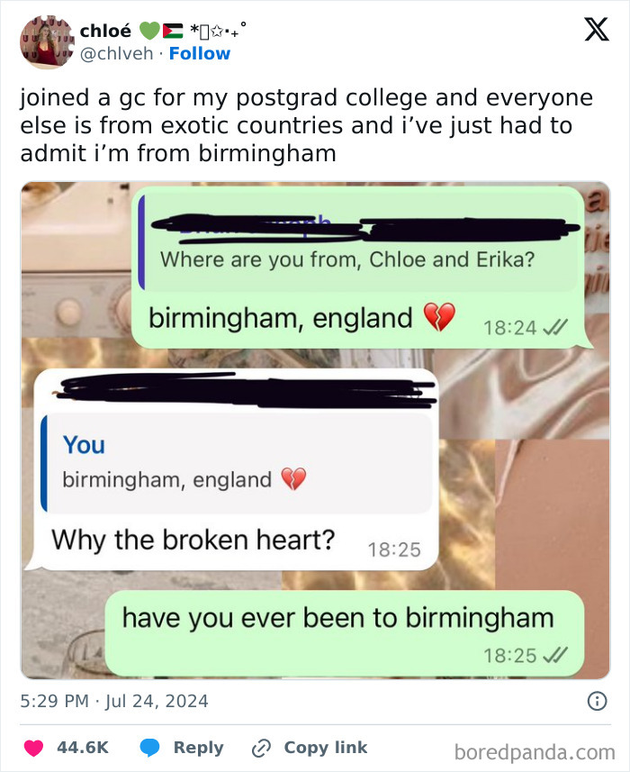 Screenshot of a humorous British text conversation about being from Birmingham with a broken heart emoji.