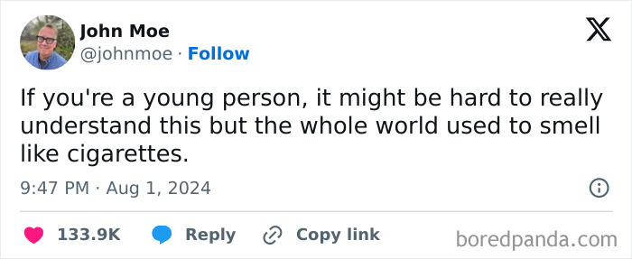 Tweet about how things have changed through the years, highlighting the world once smelling like cigarettes.