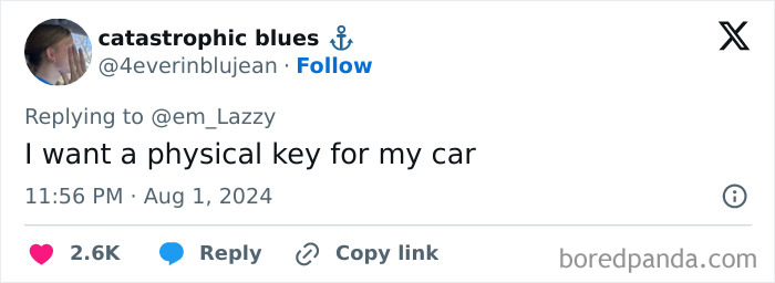 Tweet saying I want a physical key for my car, expressing boomer complaints about modern car technology.
